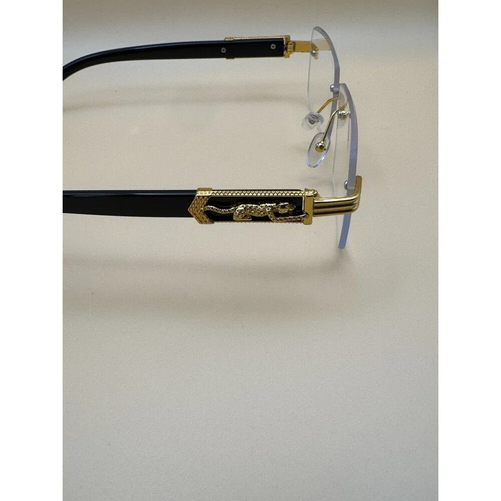 Men Gold Black Rimless Clear Lens Panther Glasses⁠